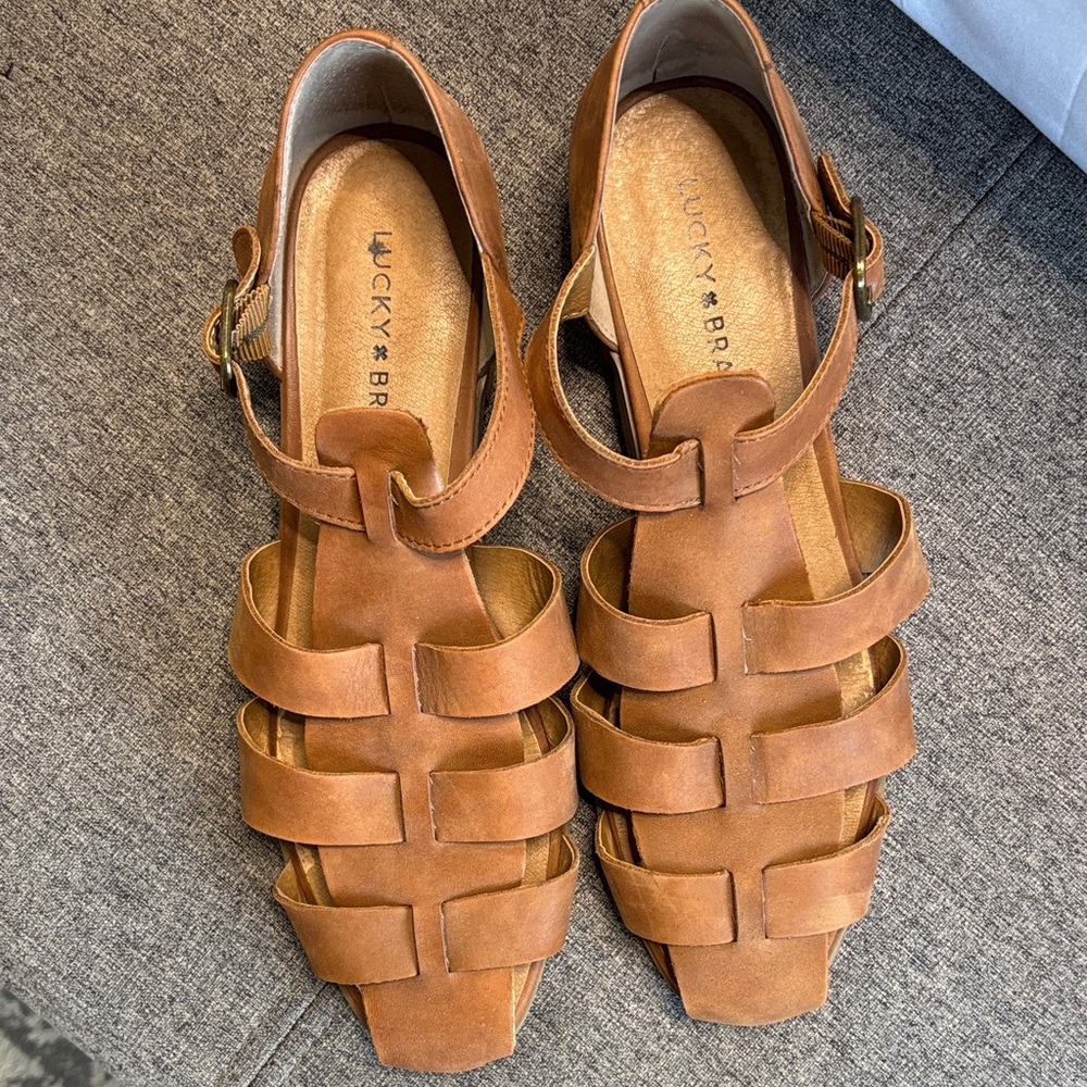 Lucky Brand Leather Camale Gladiator Sandals Size 8.5 39 Brown Stacked Heel